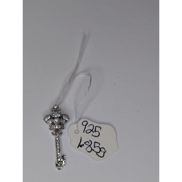 Sterling Silver 925 Key Pendant With Heart & Crown Design Rhinestones 1.25" - Picture 6 of 7